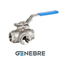 Three-way ball valve GENEBRE 2040 05 DN020 PN63, AISI316 /AISI316 /PTFE + 15% GF, BP/BP, standard bore, L-type, lever handle, BSPT thread