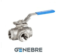 Three-way ball valve GENEBRE 2040 07 DN032 PN63, AISI316 /AISI316 /PTFE + 15% GF, BP/BP, standard bore, L-type, lever handle, BSPT thread