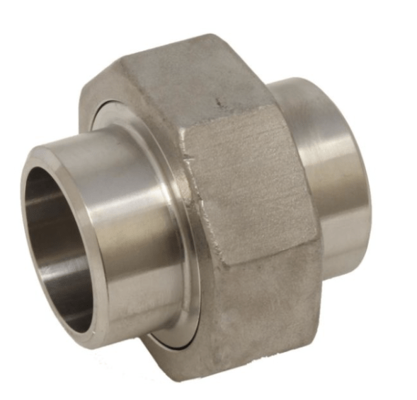 Screw connection, welding ends, DN40, stainless steel 1.4408 (flat sealing with PTFE ring)