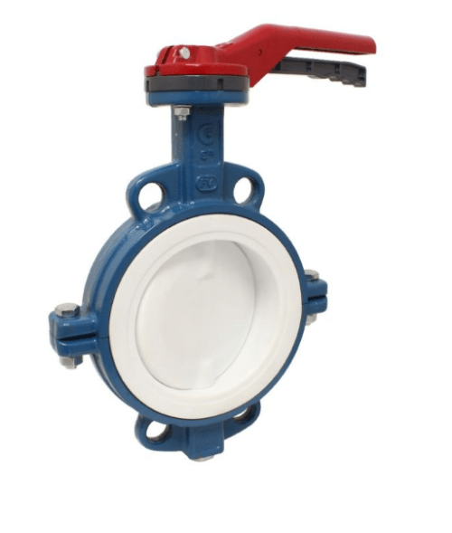 Rotary disc shutter DN80, PN16, m. length EN558-20 GGG/PTFE/stainless steel. steel-PTFE-coated