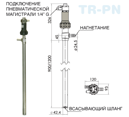 Бочковой пневматический насос TR P-PN, PP, L.1200 MM