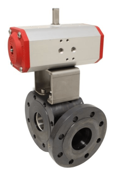 Ball valve-VT, DN32, with drive ED, DW63, Stahl/PTFE-FKM, L-Bohrung, double-sided
